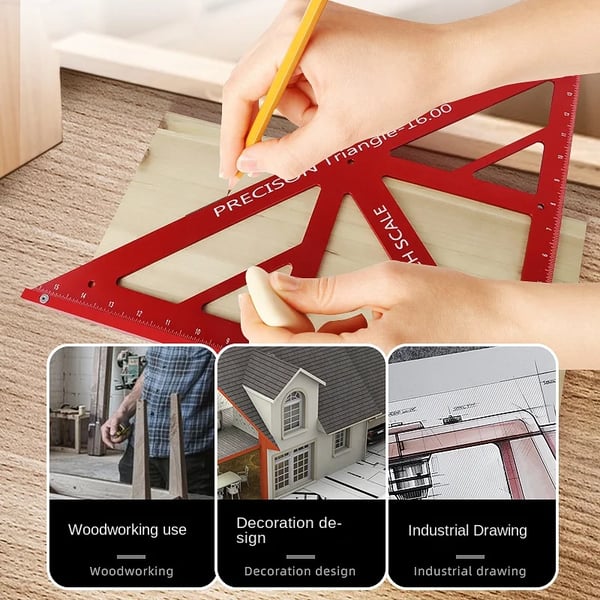 Trekantet tømrervinkel - Vinkelmåler - Aluminiumslegering 40,6 cm - Høj præcision - 90°/45° - Dobbeltskala metrisk/imperial - Rød
