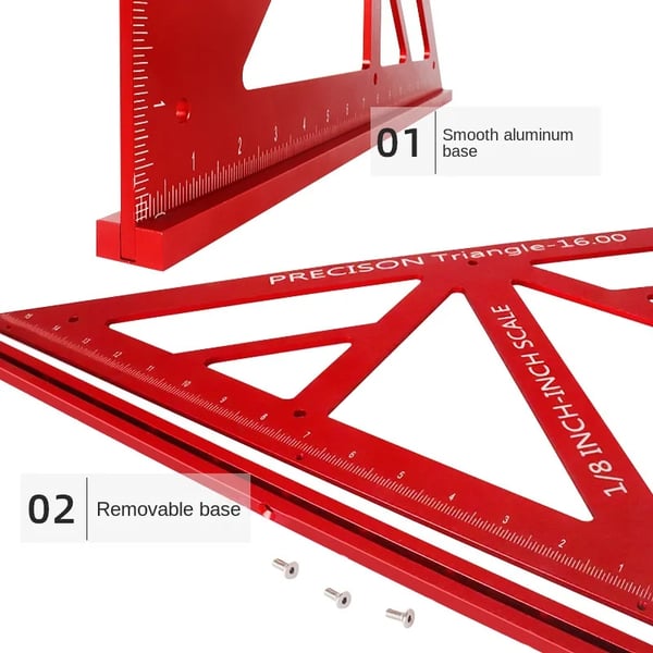Trekantet tømrervinkel - Vinkelmåler - Aluminiumslegering 40,6 cm - Høj præcision - 90°/45° - Dobbeltskala metrisk/imperial - Rød