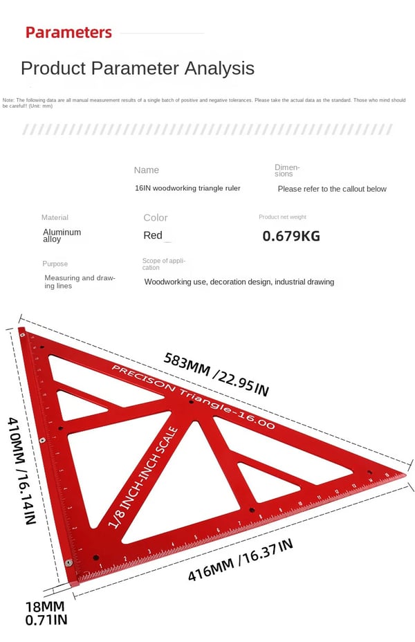 Trekantet tømrervinkel - Vinkelmåler - Aluminiumslegering 40,6 cm - Høj præcision - 90°/45° - Dobbeltskala metrisk/imperial - Rød
