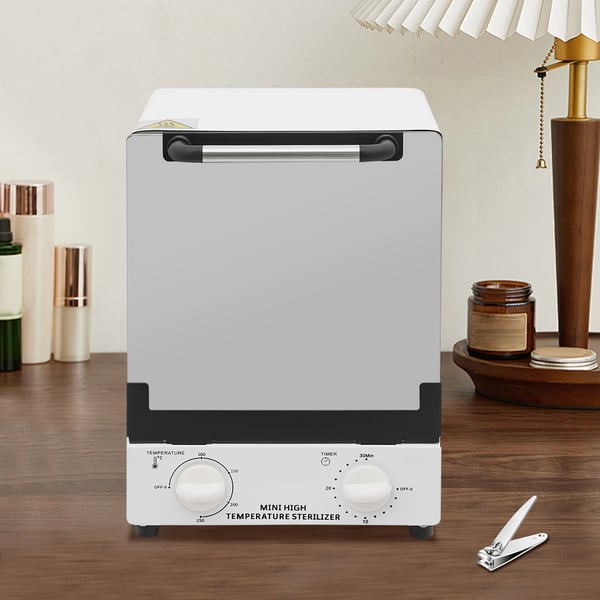 Sterilisator til negleværktøj - Højtemperatur steriliseringsskab 12 L - 0–250 °C - 1000 W - Timer 0–30 min - EU-stik - Hvid