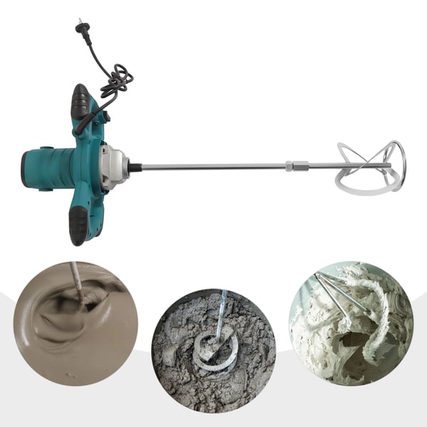 Elektrisk betonblander - Håndholdt mørtelmixer - 2100 W - 6 hastigheder - 0–800 omdr./min - S-formet rørepind