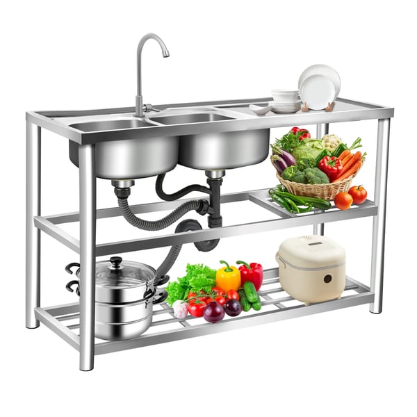 Industrikøkkenvask - Fritstående dobbeltkumme - 201 rustfrit stål - Vandhane 360° - 3 hylder - Bæreevne 100 kg - 120×45×80 cm - Sølv