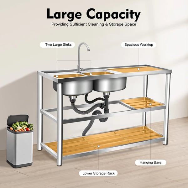 Industrikøkkenvask - Fritstående dobbeltkumme - 201 rustfrit stål - Vandhane 360° - 3 hylder - Bæreevne 100 kg - 120×45×80 cm - Sølv