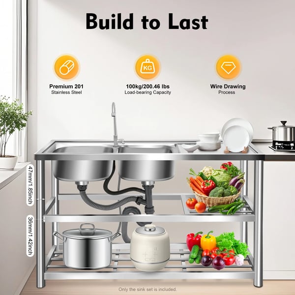 Industrikøkkenvask - Fritstående dobbeltkumme - 201 rustfrit stål - Vandhane 360° - 3 hylder - Bæreevne 100 kg - 120×45×80 cm - Sølv