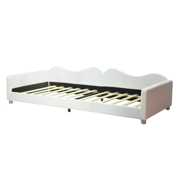 Barnsäng/Ungdomssäng - Polstrad dagbädd/sängram - 90×200 cm - Teddytyg - Med ryggstöd och armstöd - Vit