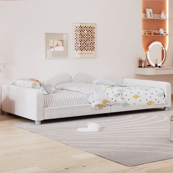 Børneseng/ungdomsseng - Polstret daybed/sengeramme - 90×200 cm - Teddystof - Med ryglæn og armlæn - Hvid