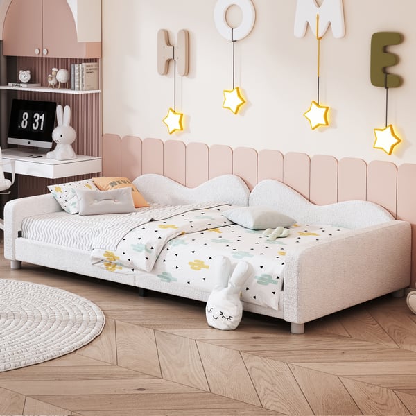 Børneseng/ungdomsseng - Polstret daybed/sengeramme - 90×200 cm - Teddystof - Med ryglæn og armlæn - Hvid