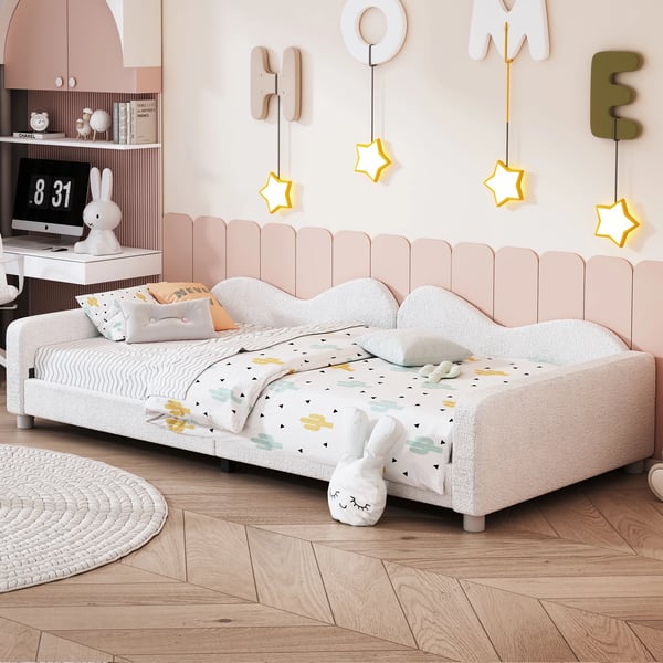 Børneseng/ungdomsseng - Polstret daybed/sengeramme - 90×200 cm - Teddystof - Med ryglæn og armlæn - Hvid