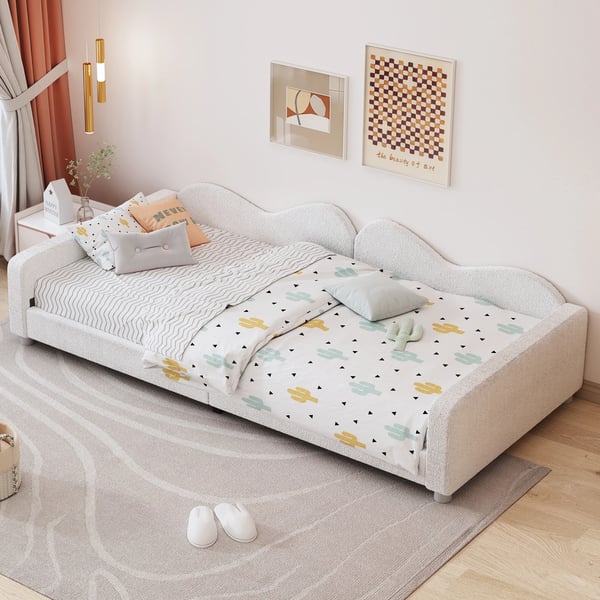 Børneseng/ungdomsseng - Polstret daybed/sengeramme - 90×200 cm - Teddystof - Med ryglæn og armlæn - Hvid