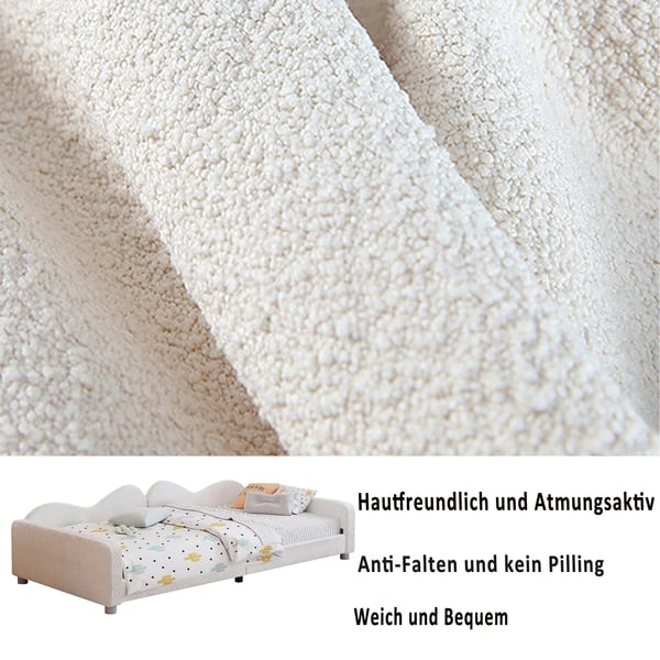 Børneseng/ungdomsseng - Polstret daybed/sengeramme - 90×200 cm - Teddystof - Med ryglæn og armlæn - Hvid