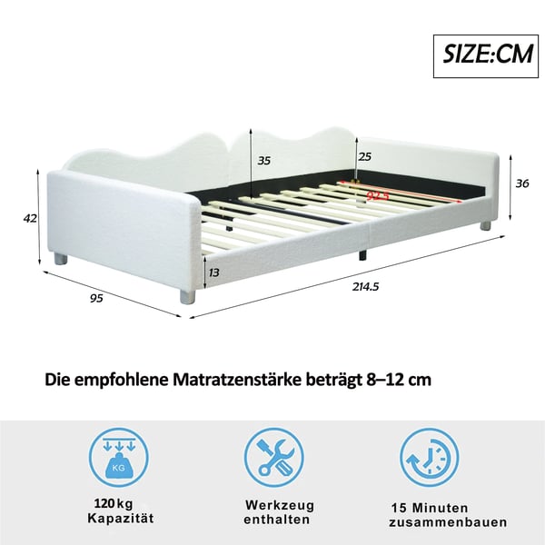Børneseng/ungdomsseng - Polstret daybed/sengeramme - 90×200 cm - Teddystof - Med ryglæn og armlæn - Hvid