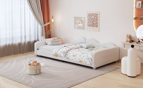 Børneseng/ungdomsseng - Polstret daybed/sengeramme - 90×200 cm - Teddystof - Med ryglæn og armlæn - Hvid