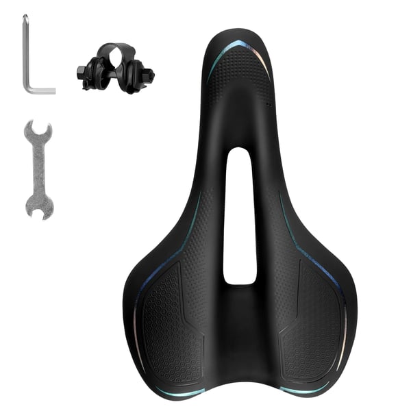 Cykelsadel - MTB-sadel - Ergonomisk bred og tyk - Stødabsorbering - Kulfiber-skal - Blød polstring - Herre - Sort