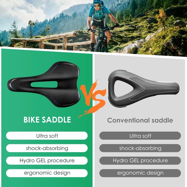 Cykelsadel - MTB-sadel - Ergonomisk bred og tyk - Stødabsorbering - Kulfiber-skal - Blød polstring - Herre - Sort