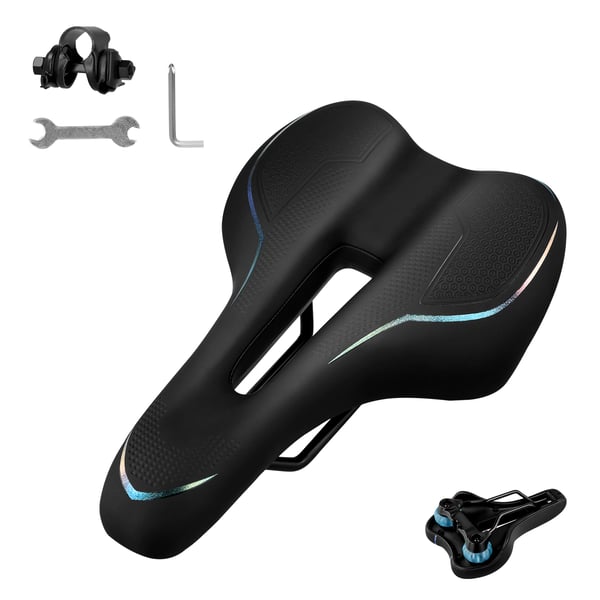 Cykelsadel - MTB-sadel - Ergonomisk bred og tyk - Stødabsorbering - Kulfiber-skal - Blød polstring - Herre - Sort