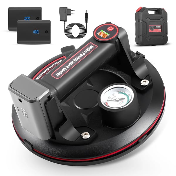 Elektrisk vakuumlyftare - Motoriserade sugkoppar - 2 Batterier - Max 250 kg - Manometer - För kakel och glas - Svart