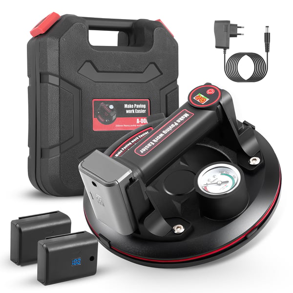 Elektrisk vakuumløfter - Motoriserede sugekopper - 2 Batterier - Maks 250 kg - Manometer - Til fliser og glas - Sort
