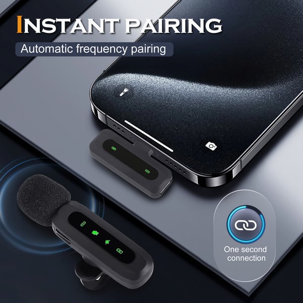 Langaton solmiomikrofoni - Lavalier - Plug & Play iPhone/Androidille - Lightning‑vastaanotin - Kondensaattori, sisäänrakennettu akku - Tuplasetti