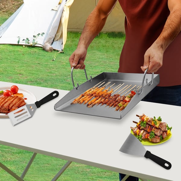 Grillplade - BBQ Stegeplade - Rustfrit Stål 4 mm - Aftagelige Håndtag - 2 Grillspatler - Til Gas- og Kulgrill - Himmelblå