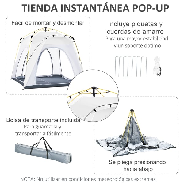 Snabbuppsatt campingtält - Fyrsäsongstält - 3–4 personer - 240×240×199 cm - 4 fönster & 2 fickor - Bärväska - 201T polyester - Ljusgrå