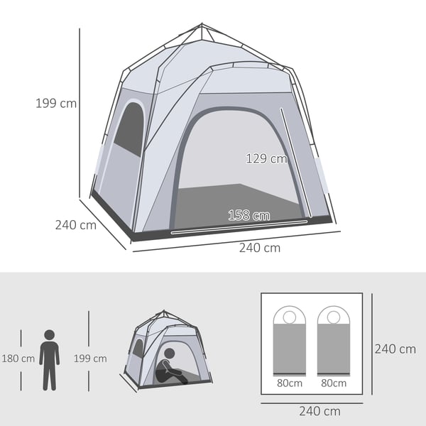 Snabbuppsatt campingtält - Fyrsäsongstält - 3–4 personer - 240×240×199 cm - 4 fönster & 2 fickor - Bärväska - 201T polyester - Ljusgrå