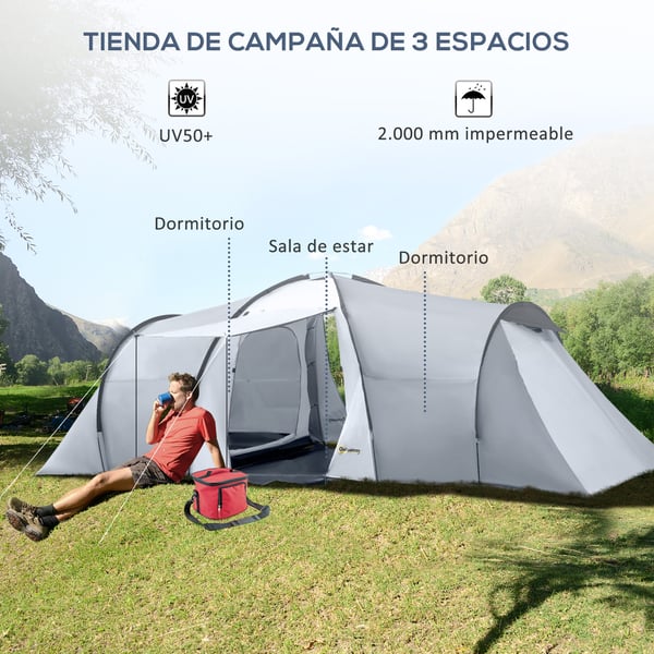 Familjetält - Campingtält - 3–4 Personer - 2 Sovrum & 1 Vardagsrum - 4 Säsonger - Vattentät & UV-skydd - 590×245×193 cm - Mörkgrå