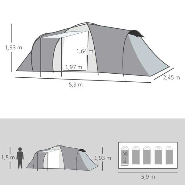 Familjetält - Campingtält - 3–4 Personer - 2 Sovrum & 1 Vardagsrum - 4 Säsonger - Vattentät & UV-skydd - 590×245×193 cm - Mörkgrå