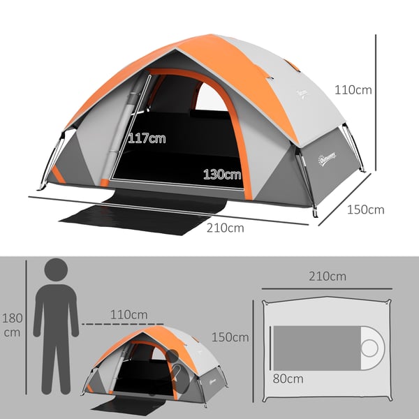 Campingtält - 2-personers fyrsäsong - Vattenpelare 3000 mm - 201T polyester - 210×150×110 cm - Lätt - Dörr/fönster & bärväska - Grå