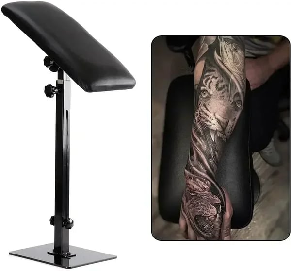Tatovering Arm- og Benstøtte - Justerbart Stativ - Fuldt Armlæn - Kraftig Konstruktion - Stabil Fod - Tyk PU-pude - Sort