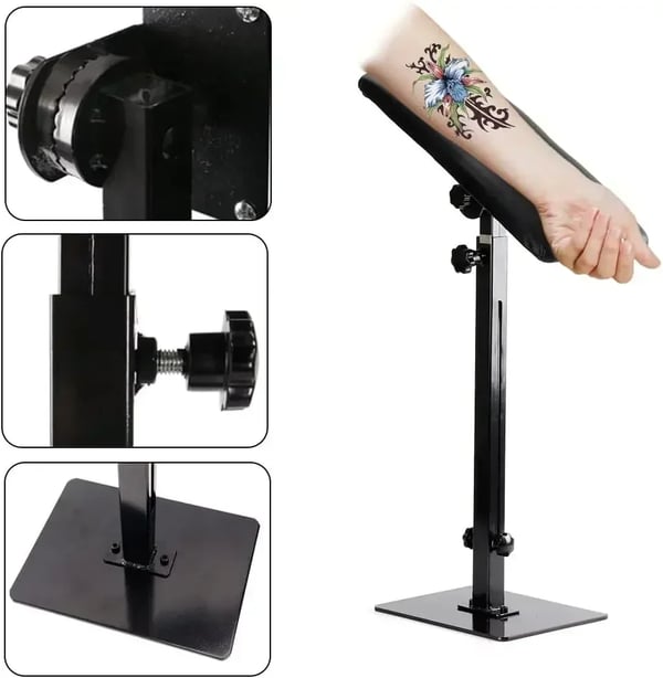 Tatovering Arm- og Benstøtte - Justerbart Stativ - Fuldt Armlæn - Kraftig Konstruktion - Stabil Fod - Tyk PU-pude - Sort