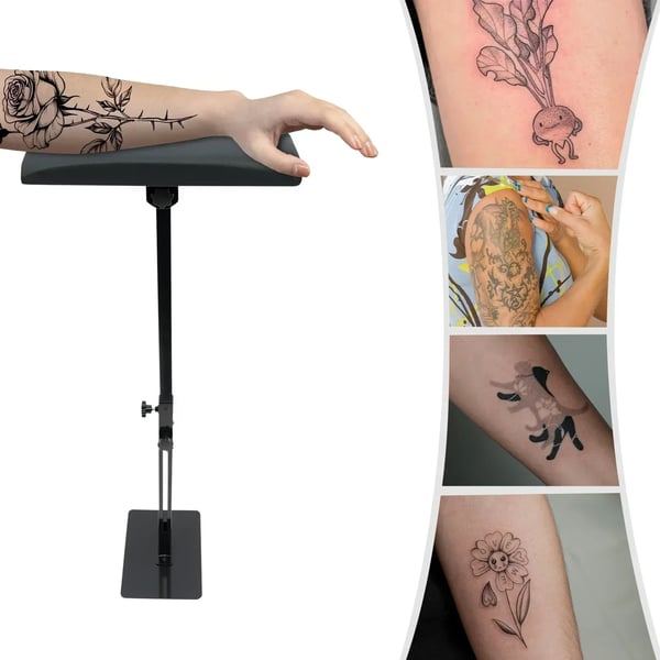Tatovering Arm- og Benstøtte - Justerbart Stativ - Fuldt Armlæn - Kraftig Konstruktion - Stabil Fod - Tyk PU-pude - Sort