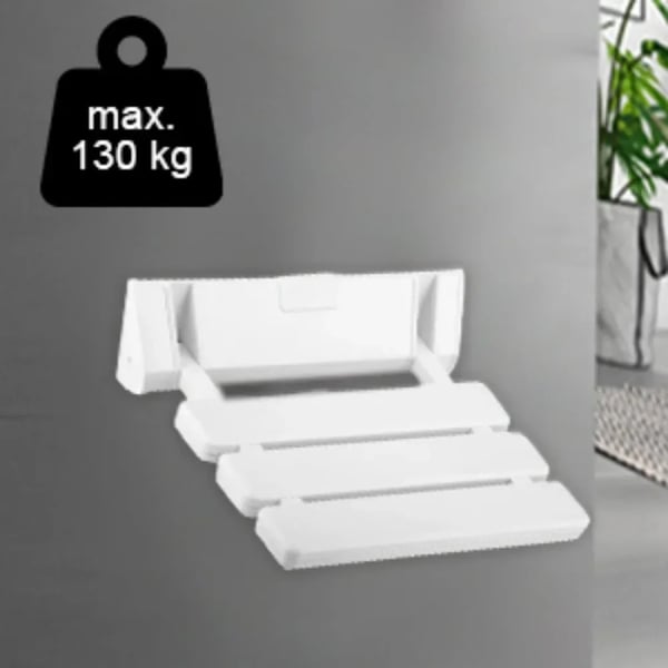 Vægmonteret foldbart brusesæde - Brusestol - Aluminiumlegering - Bæreevne 130 kg - 90° foldbart - 32×34 cm - Hvid