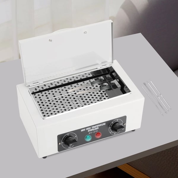 Sterilisator til negleværktøj - Tørvarmeskab - Kapacitet 2 l - 300 W - 50–220 °C - Timer 0–60 min - Rustfrit stål - Hvid