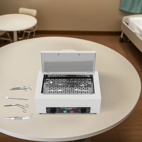 Sterilisator til negleværktøj - Tørvarmeskab - Kapacitet 2 l - 300 W - 50–220 °C - Timer 0–60 min - Rustfrit stål - Hvid