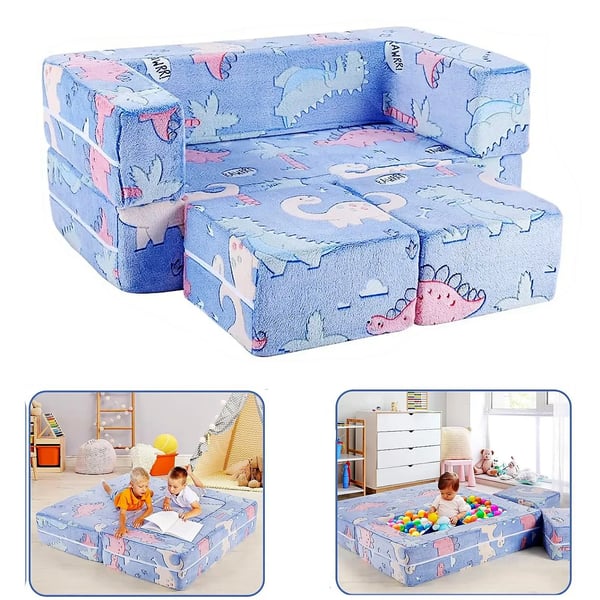 Barnsoffa Tecknad Dinosaurie - Modulär leksoffa 3‑i‑1 - Fälls ut till lounger - Mjuk sherpa - Självlysande i mörker - 143x45x70 cm - Blå