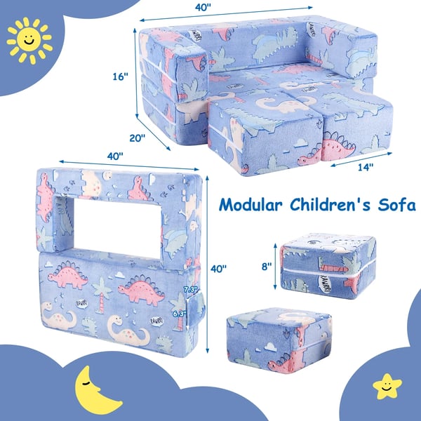 Lasten sohva sarjakuva‑dinosaurus - Modulaarinen leikkisohva 3‑in‑1 - Avautuu leposohvaksi - Pehmeä sherpa - Hohtaa pimeässä - 143x45x70 cm - Sininen