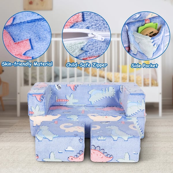 Lasten sohva sarjakuva‑dinosaurus - Modulaarinen leikkisohva 3‑in‑1 - Avautuu leposohvaksi - Pehmeä sherpa - Hohtaa pimeässä - 143x45x70 cm - Sininen