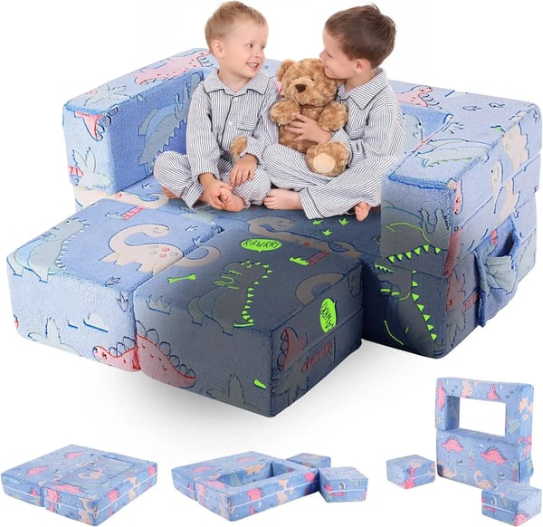 Lasten sohva sarjakuva‑dinosaurus - Modulaarinen leikkisohva 3‑in‑1 - Avautuu leposohvaksi - Pehmeä sherpa - Hohtaa pimeässä - 143x45x70 cm - Sininen