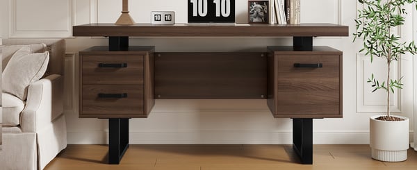 Kontorsskrivebord - Enkel moderne stil - 135 x 54 cm - Rummelig bordplade - Støjsvag skuffe - Effektiv opbevaring - Samling påkrævet - Brun
