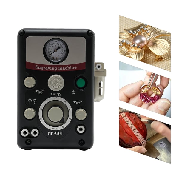 Smykkegraveringsmaskine - Pneumatisk med fodpedal - Til mikroindfatning - 80 W - EU-stik - Justerbart lufttryk 0–60 PSI - 400–8000 RPM - Sort