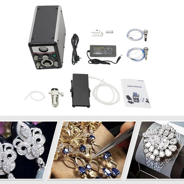 Smykkegraveringsmaskine - Pneumatisk med fodpedal - Til mikroindfatning - 80 W - EU-stik - Justerbart lufttryk 0–60 PSI - 400–8000 RPM - Sort