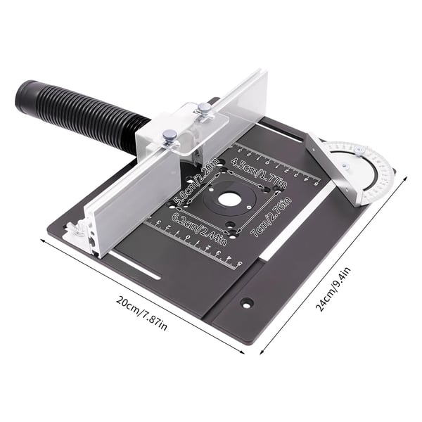Routerbord/Fræsebord - Indlægsplade - 24×20 cm - Aluminiumlegering - 180° Geringsanslag - Montering påkrævet - Sort