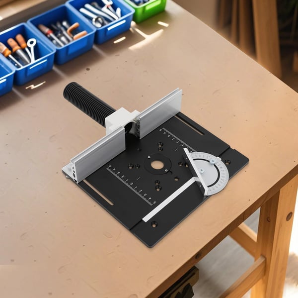 Routerbord/Fræsebord - Indlægsplade - 24×20 cm - Aluminiumlegering - 180° Geringsanslag - Montering påkrævet - Sort