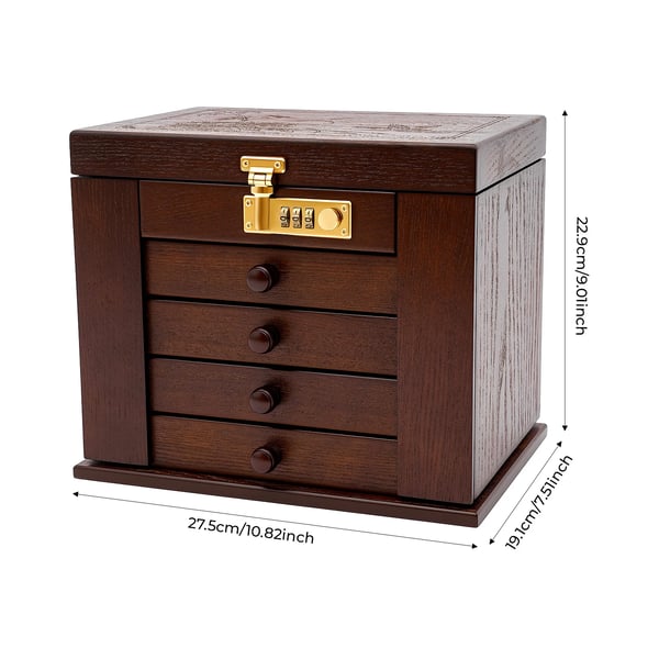 Korurasia - Retro korulipas - 5 tasoa + 2 kääntyvää sivukaappia - Yhdistelmälukko koodi 000 - Samettivuori - MDF/puu - 27,5×19,1×22,9 cm - Ruskea