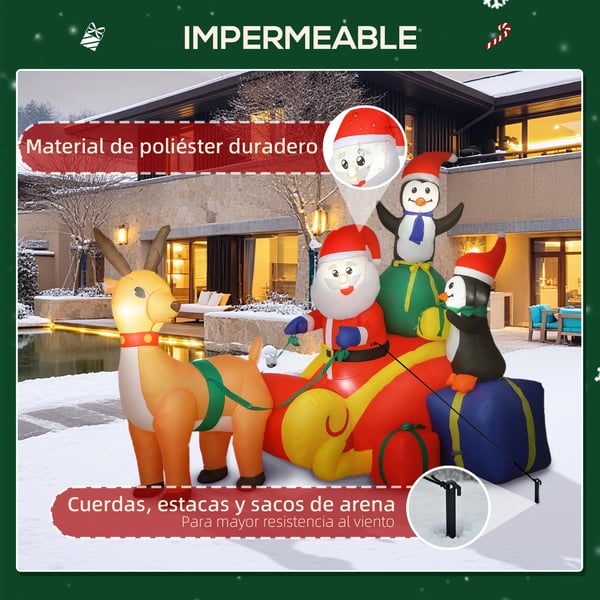 Uppblåsbar jultomte - Juldekoration - Släde med pingviner och ren - LED-belysning - För utomhus och inomhus - 180×120×155 cm - Flerfärgad
