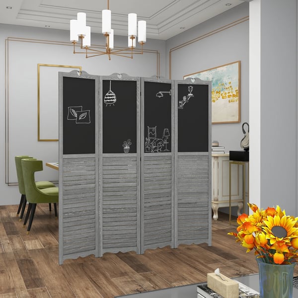 Rumsavdelare - Vikbar Skärm - 4 Paneler - Träram - Krittavlor - Storlek 162×172 cm - Sovrum - Mörk Khaki