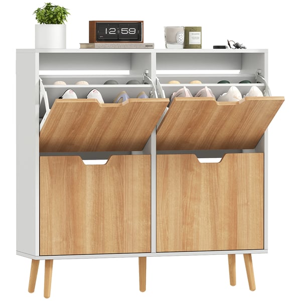 Skoskåp - Smal hallmöbel - 4 Fällbara luckor - Justerbara hyllor - 16 Par skor - Träben - 95x26x95 cm - Vit