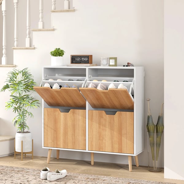 Skoskåp - Smal hallmöbel - 4 Fällbara luckor - Justerbara hyllor - 16 Par skor - Träben - 95x26x95 cm - Vit