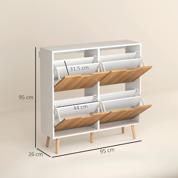 Skoskåp - Smal hallmöbel - 4 Fällbara luckor - Justerbara hyllor - 16 Par skor - Träben - 95x26x95 cm - Vit