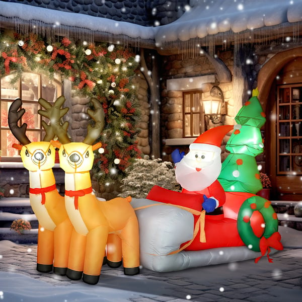 Uppblåsbar juldekoration - Jultomte med släde och ren - LED-belysning - För utomhus och inomhus - 216×90×150 cm - Flerfärgad